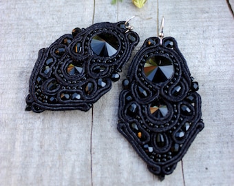 Black dangle earrings Soutache, Anniversary gift for woman Black crystal earrings Classic jewelry Black Statement jewelry, gifts for her