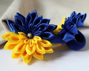 Set of 2 ponytails | pigtail bow set | Scrunchies, blue yellow flowers for hair Baby hair ties Cute Birthday gift for girl Blue hair bow