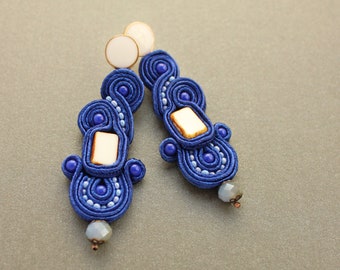 Cobalt blue and white earrings stud, Ultramarine blue statement earrings, Soutache earrings