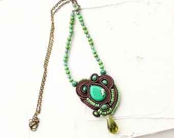 Green stone pendant with chain, Brown necklace with gemstones, Soutache jewelry, Handmade necklace for women stone, Birthday gift for her