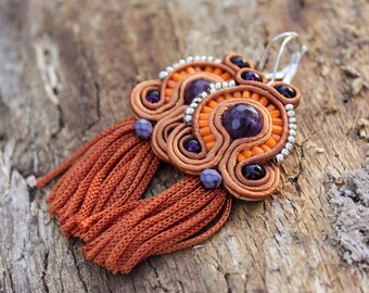 Burnt Orange Earrings Fringe Earrings Soutache Earrings Tassel Purple Orange Handmade Earring Auburn earring Terra Cotta Jewelry Rust orange