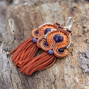 Burnt Orange Earrings Fringe Earrings Soutache Earrings Tassel Purple Orange Handmade Earring Auburn earring Terra Cotta Jewelry Rust orange