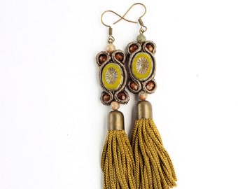 Chartreuse long tassel earrings, dangle. Bronze jewelry for women.