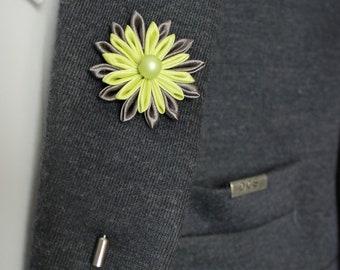 Suit Flower Lapel Pin, Green Gray Wedding Groomsmen Lapel Pin Chartreuse Lapel Flower Pin Corsage Boutonniere Men Wedding Accessory Kanzashi