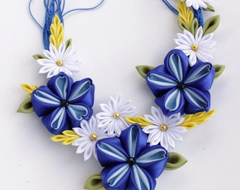 Blue and White Fabric Necklaces for Women | Flower, Wildflower, Cornflowers, Daisies. Gift for Women Birthday, Unique Gifts for Mom