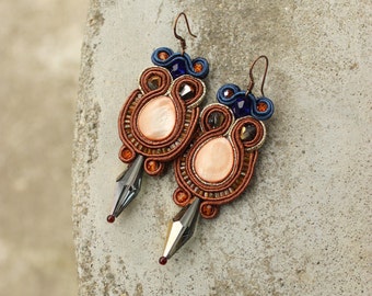 Brown Earrings Dangle, Stones. Soutache Earrings / Unique Earrings for Women / Bohemian Jewelry, Boho