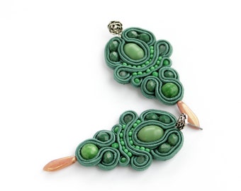 Statement jewelry, Tropical green earrings Palm leaf, Tropical party, Green soutache earrings studs Drop earrings statement Soutache jewelry