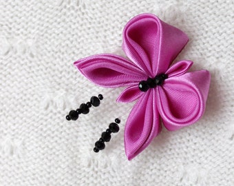 Kanzashi butterfly brooch | Cute gift for girl, Black pink brooch Magenta textile jewelry Keepsake Fuchsia butterfly wedding Kids