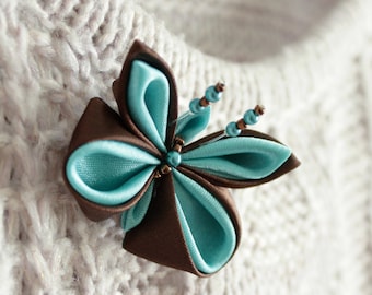 Turquoise butterfly brooch Mint brown textile jewelry Kanzashi brooch Teacher gift Cute broochs Woodland jewelry accessorie Beaded brooches