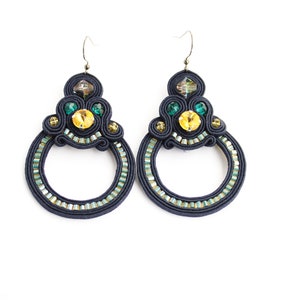 Soutache statement earrings/ Large round Earrings/ Circle earrings/ Navy blue earrings big earrings/ Hoop earrings blue /  KOS