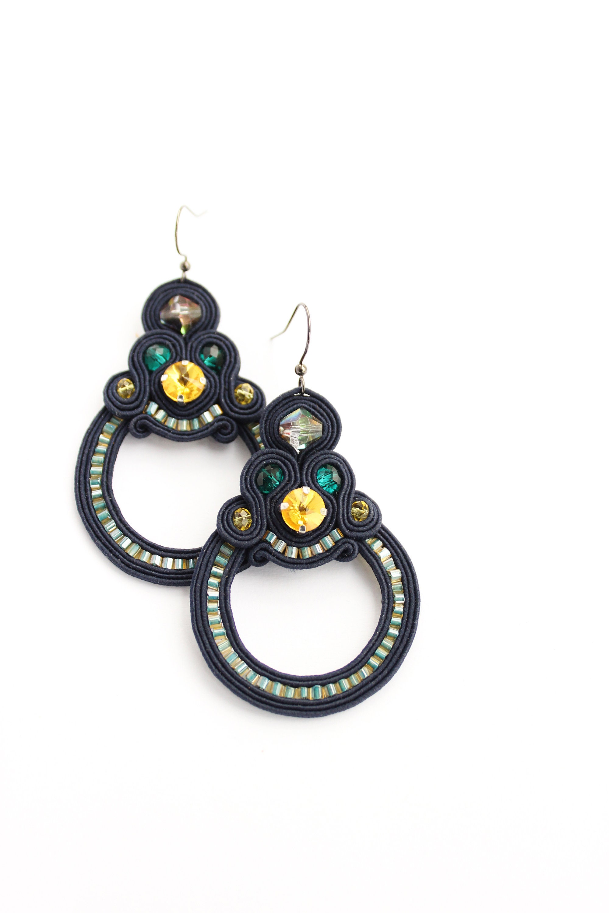 Soutache statement earrings, Large round Earrings, Circle earrings, Navy blue earrings big earrings, Hoop earrings blue