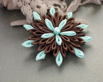 Fabric flower brooch, turquoise brown brooch Kanzashi, gift from daughter, beaded brooches. teacher gift