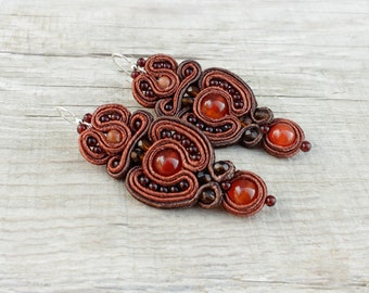 Brown Beaded Earrings Dangle, Carnelian Earrings Terra Cotta Jewelry Soutache Earrings, Rust Earrings Mindful Gift for Women Birthday Unique