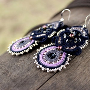 Navy blue earrings soutache Purple earrings dangle Statement Earrings Gift for Women who has everything, Bold Earrings image 1