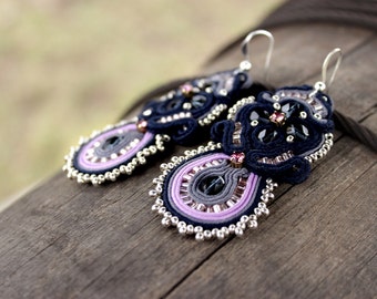 Navy blue earrings soutache | Purple earrings dangle \ Statement Earrings\ Gift for Women who has everything, Bold Earrings