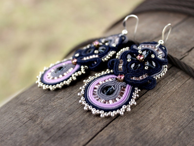 Navy blue earrings soutache Purple earrings dangle Statement Earrings Gift for Women who has everything, Bold Earrings image 1