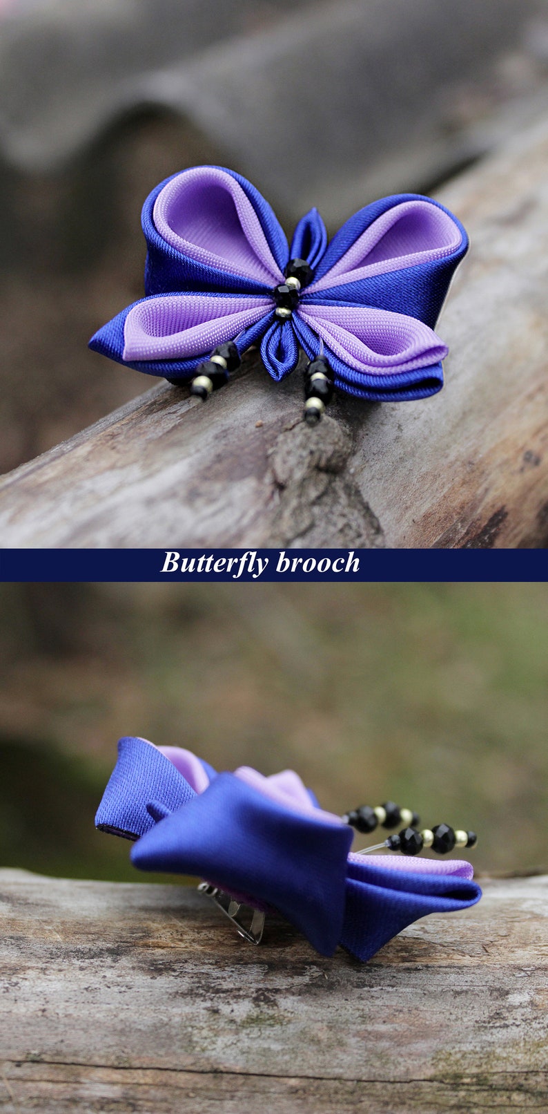 Purple butterfly brooch wildlife Gift for mom from daughter Woodland brooch Animal Kanzashi Blue violet pin brooch, nature accessories image 6