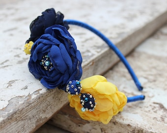 Yellow Blue Headbands with Flowers for Adult or Girl. Blue Yellow Wedding. Handmade Hairband for University of Michigan Gifts.