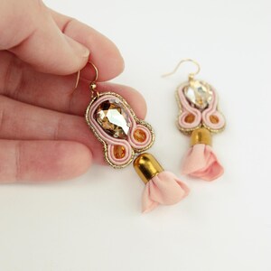 Handmade Blush Pink Soutache Earrings, Crystal Dangle Earrings, Gold and Pink Statement Earrings, Elegant Boho Jewelry, Gift for Sister