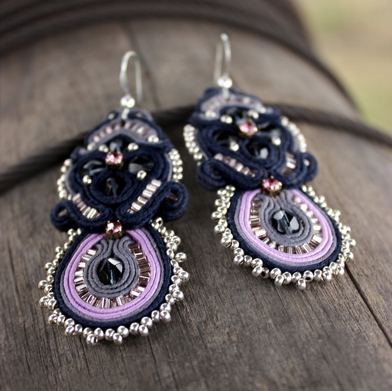 Navy blue earrings soutache Purple earrings dangle Statement Earrings Gift for Women who has everything, Bold Earrings image 2