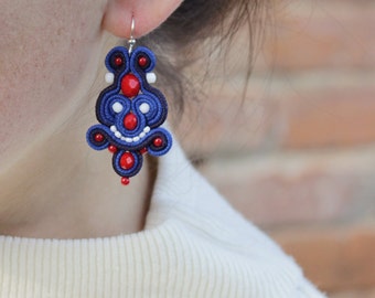Dark Blue and Red Earrings, Handmade Soutache Jewelry, Lightweight Dangly Earrings , Unique gift for mothers day, Statement Earrings Trendy
