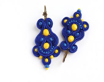 Statement Earrings Blue Yellow – Handmade Soutache Jewelry, Unique Drop Earrings, Ethnic Style Gift for Women Who Love to Stand Out