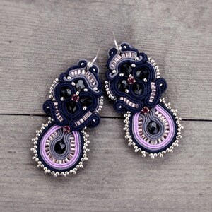 Navy blue earrings soutache Purple earrings dangle Statement Earrings Gift for Women who has everything, Bold Earrings image 4