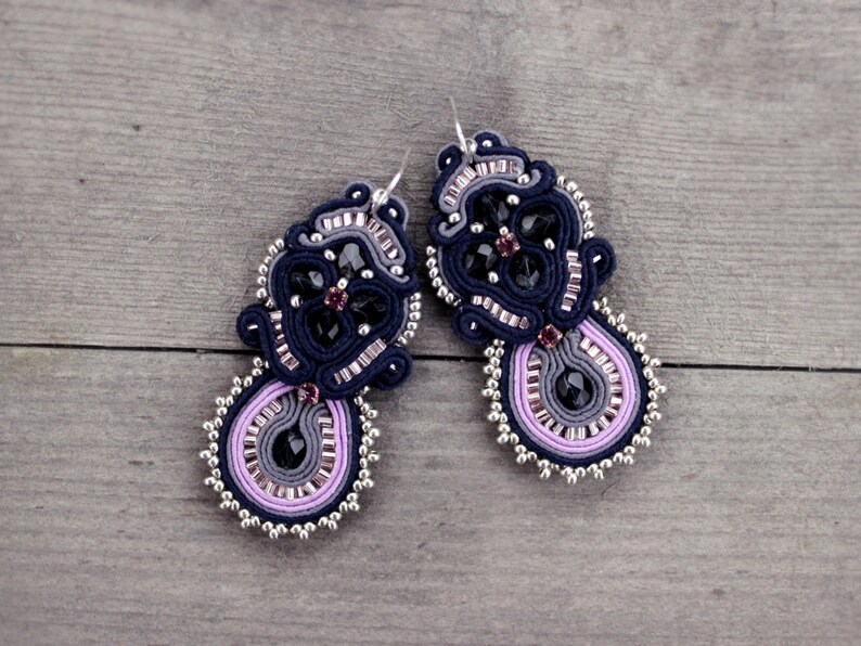 Navy blue earrings soutache Purple earrings dangle Statement Earrings Gift for Women who has everything, Bold Earrings image 4