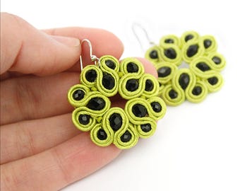 Earrings for summer, jewelry. Green and Black Disc Earrings Soutache, Birthday Gifts for Girlfriend Lime Green Earrings, Gifts for Women