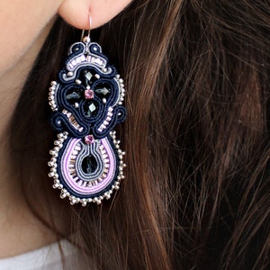 Navy blue earrings soutache Purple earrings dangle Statement Earrings Gift for Women who has everything, Bold Earrings Navy blue earrings