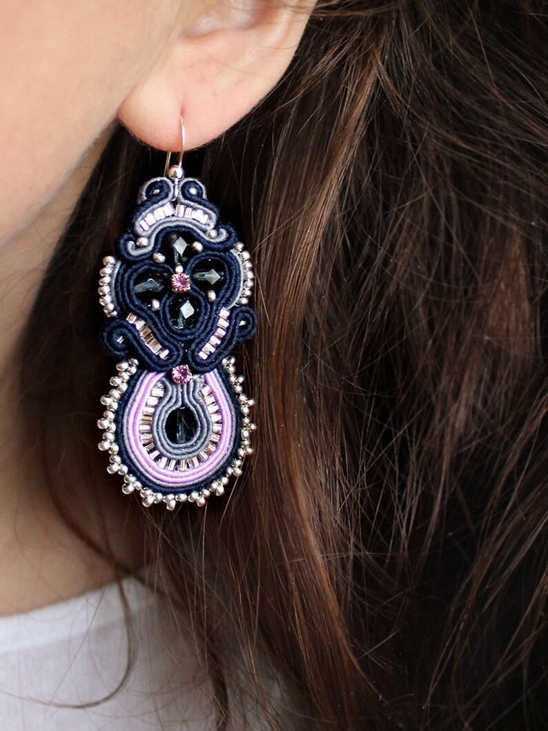 Navy blue earrings soutache Purple earrings dangle Statement Earrings Gift for Women who has everything, Bold Earrings Navy blue earrings