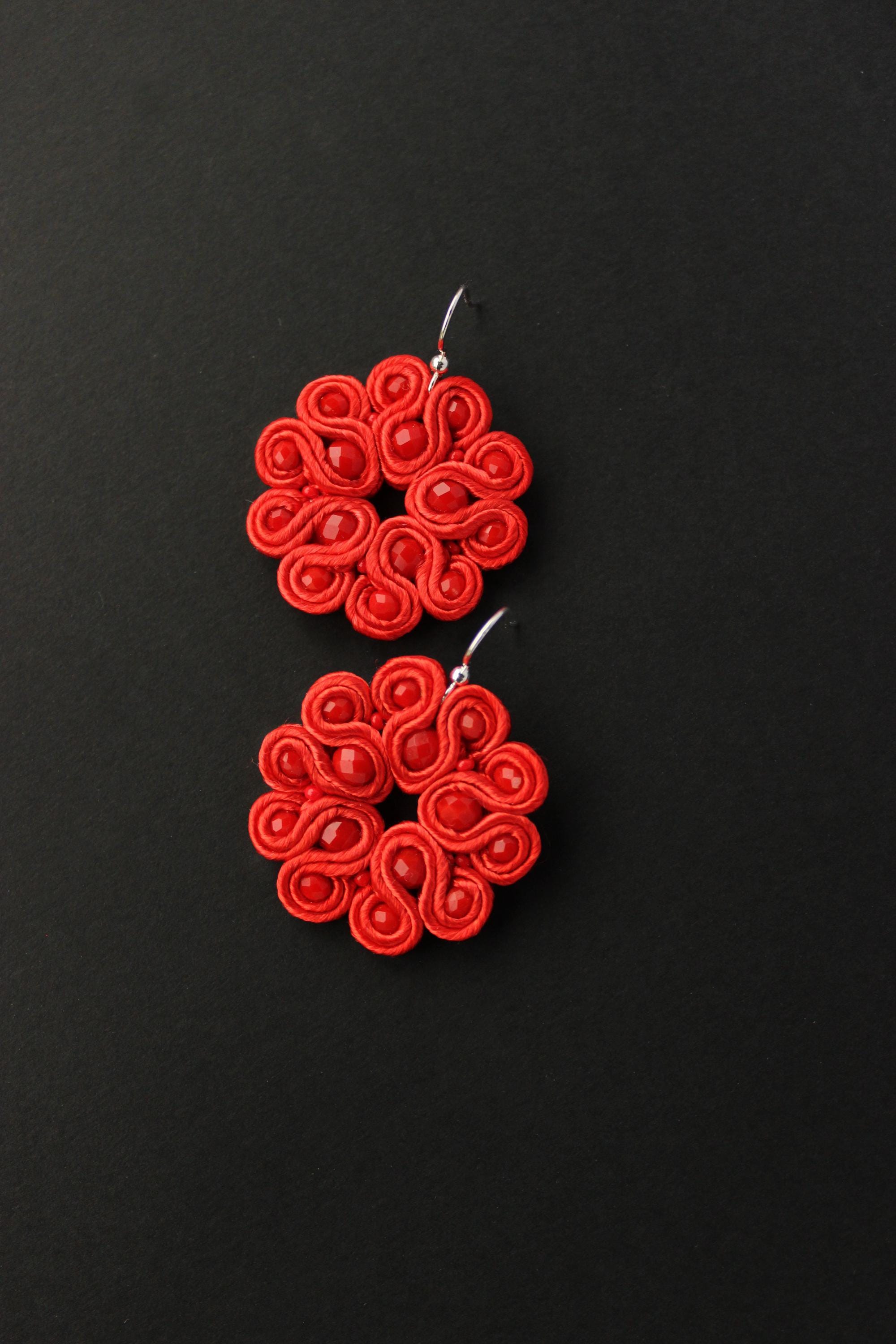 Red Statement Earrings: Geometric Beaded Dangle Jewelry