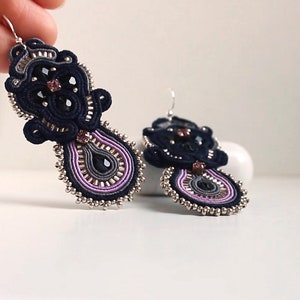 Navy blue earrings soutache Purple earrings dangle Statement Earrings Gift for Women who has everything, Bold Earrings image 7