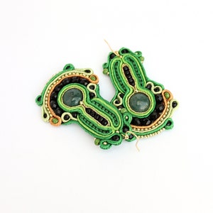 Moss agate earrings, statement earrings handmade, soutache jewelry, green beaded earrings, stone oversized earrings Birthday gift for adults