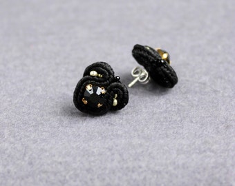 Black tiny stud earrings, Dot stud earrings, Soutache Black earrings Minimal earrings Post earrings, everyday earrings Black small earrings