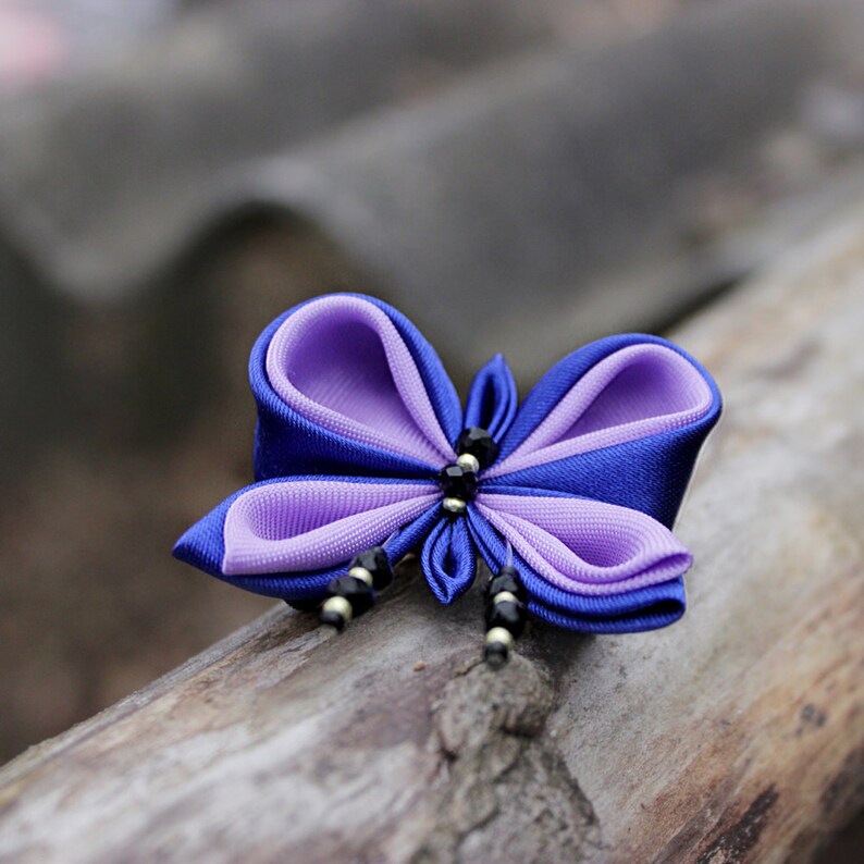 Purple butterfly brooch wildlife Gift for mom from daughter Woodland brooch Animal Kanzashi Blue violet pin brooch, nature accessories image 2