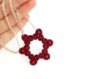 Burgundy pendant, Maroon necklace, Soutache jewelry, Dark red necklace for women, gift ideas for wife
