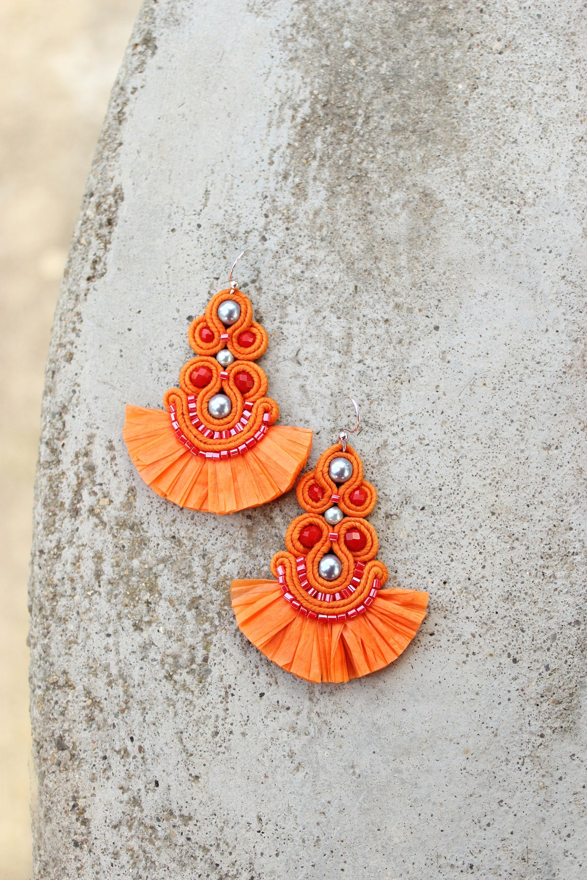 Orange Tassel Earrings Dangle Raffia Earrings Orange Etsy