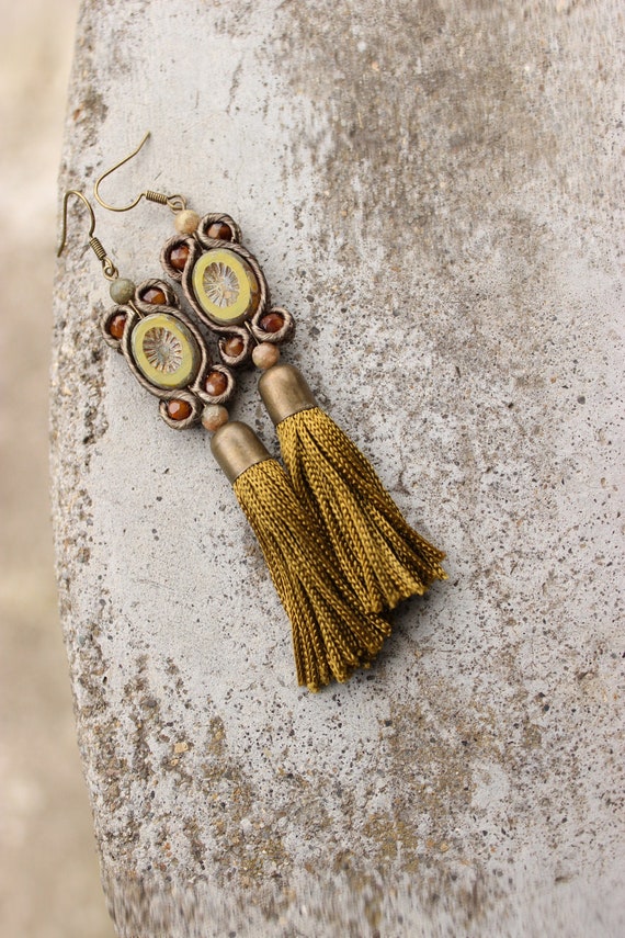 Chartreuse Long Tassel Earrings Dangle. Bronze Jewelry for 