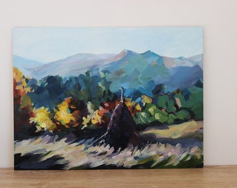 Original painting landscape, Gift for Art Lovers / Autumn Mountain landscape painting, Sunset art / UNFRAMED /