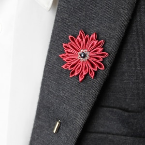 Flower suit accessories for men, Burgundy wedding boutonniere, Fabric lapel pins for formal event, Japanese brooches, Gift for boyfriend