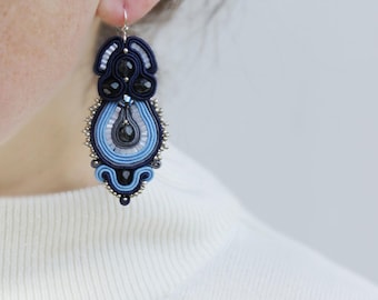 Blue Soutache earrings Navy blue earrings with dangles Anniversary gift idea for her, Birthday gift idea for women jewelry