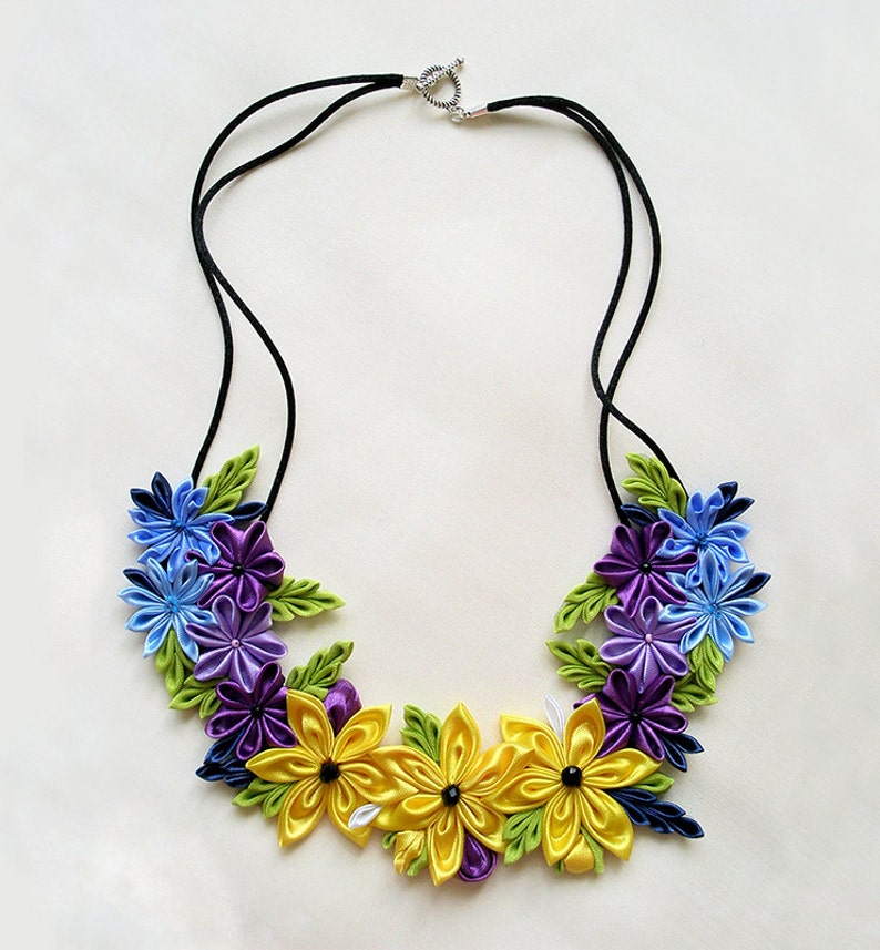Colorful Flower Necklace for Women, Chartreuse Purple Yellow Necklace