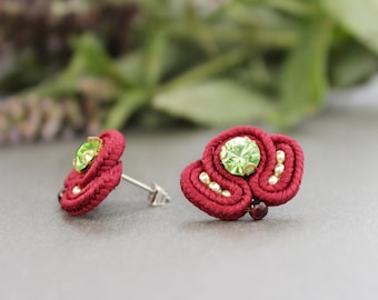 Small Gifts for Women, Red Green Studs, Red Earrings, Rhinestone Earrings Studs. Red Post Earrings Small Soutache Earrings