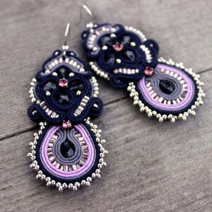 Navy blue earrings soutache Purple earrings dangle Statement Earrings Gift for Women who has everything, Bold Earrings image 5