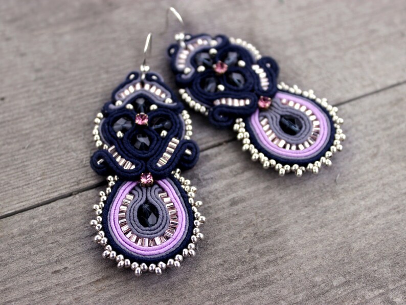 Navy blue earrings soutache Purple earrings dangle Statement Earrings Gift for Women who has everything, Bold Earrings image 5