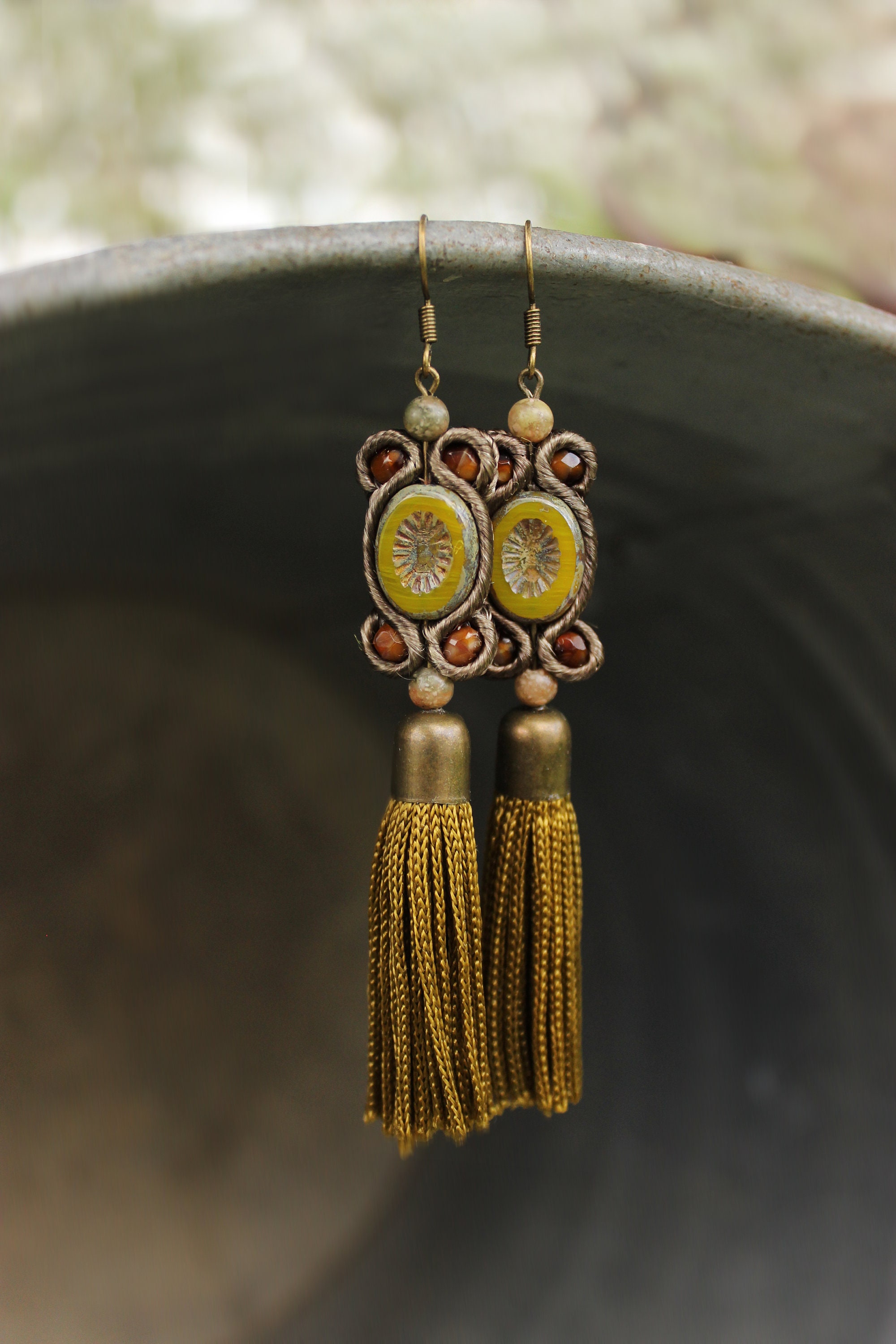 Chartreuse Long Tassel Earrings Dangle. Bronze Jewelry for 