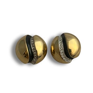 Andre Courreges Signed Modernist Clip-On Earrings – Gold-Plated with Black Enamel and Rhinestones, 1960s Vintage