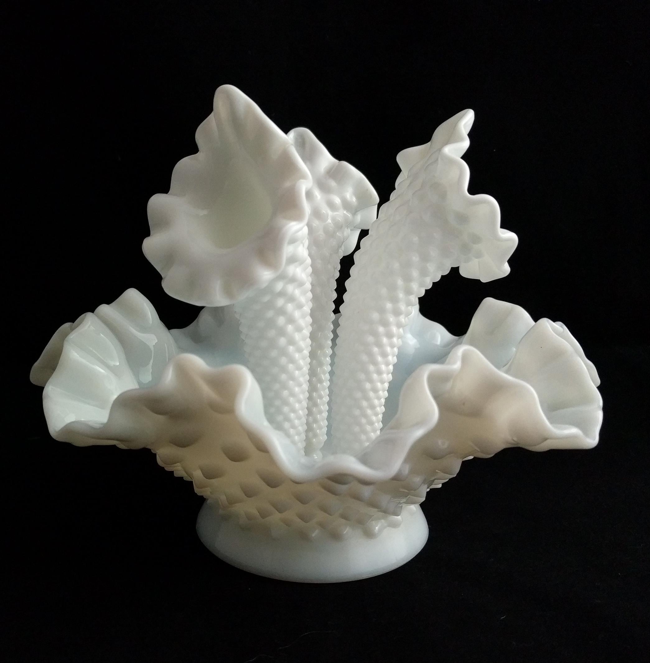 Hobnail Milk Glass vase by FENTON - Vintage Fenton Milk Glass Hobnail Epergne Vase – 3 Horns, Ruffled Edge, Mid-Century Collectible