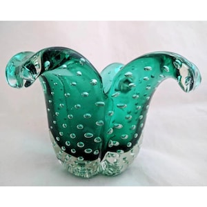 Vase vintage Bullicante en verre de Murano - vert émeraude et transparent, verre d&#39;art italien Mid-Century